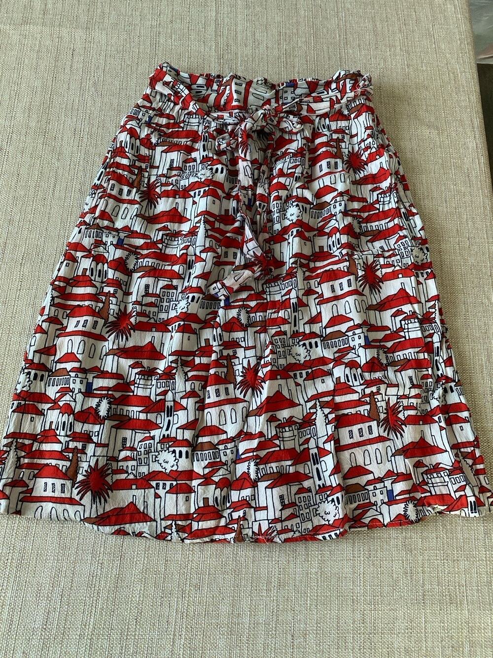 Porridge Anthropologie Skirt XS Red White European Village Print Elastic Waist